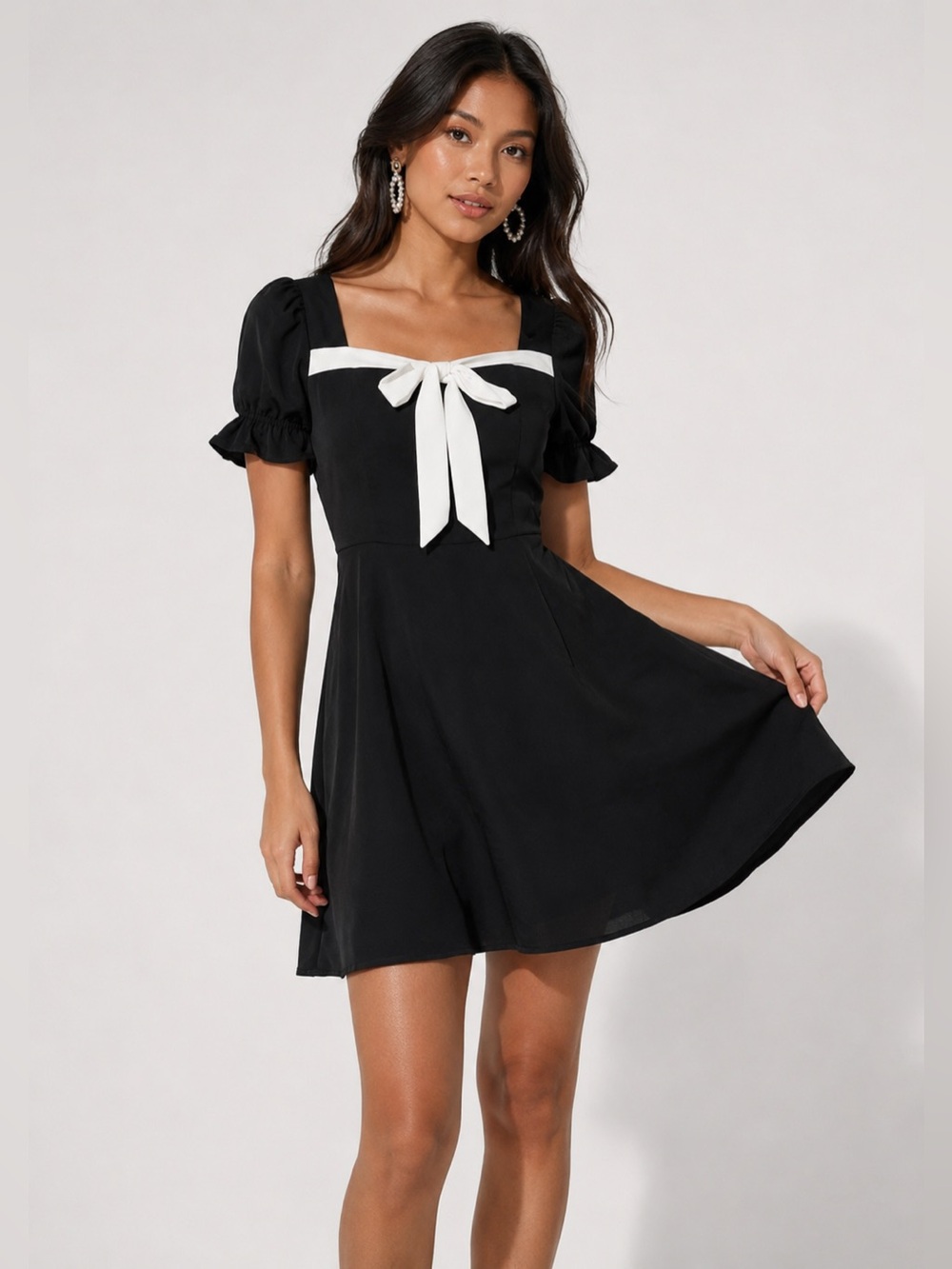 Allegra K Black Puff Sleeve Square Neck Dress with White Bow